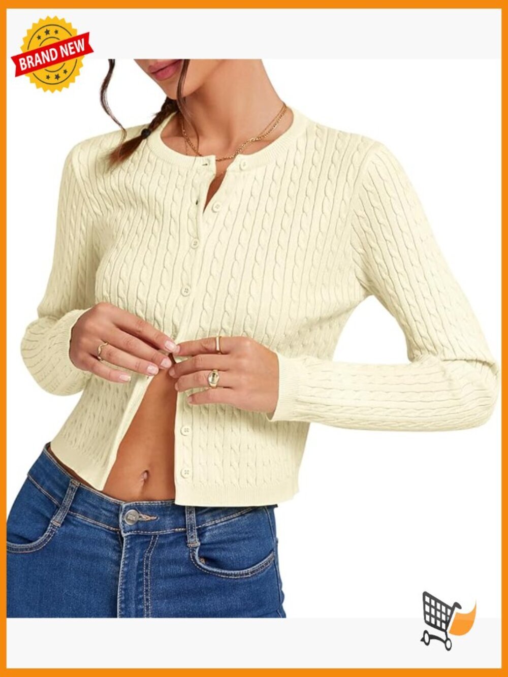 Cropped Cable Knit Cardigan Slim Fit Lightweight Button Up Sweater